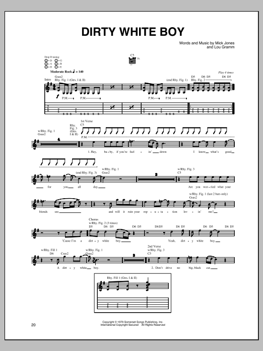 Foreigner Dirty White Boy Sheet Music Notes & Chords for Guitar Tab - Download or Print PDF