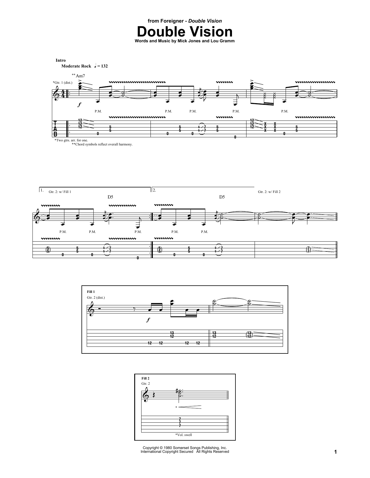 Foreigner Double Vision Sheet Music Notes & Chords for Piano, Vocal & Guitar (Right-Hand Melody) - Download or Print PDF