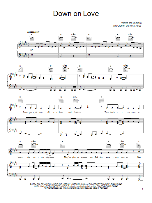 Foreigner Down On Love Sheet Music Notes & Chords for Piano, Vocal & Guitar (Right-Hand Melody) - Download or Print PDF