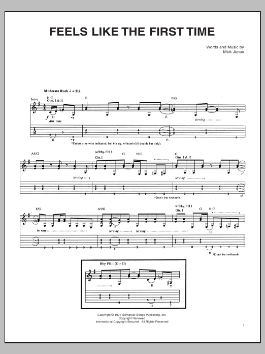 Foreigner Feels Like The First Time Sheet Music Notes & Chords for Piano, Vocal & Guitar (Right-Hand Melody) - Download or Print PDF