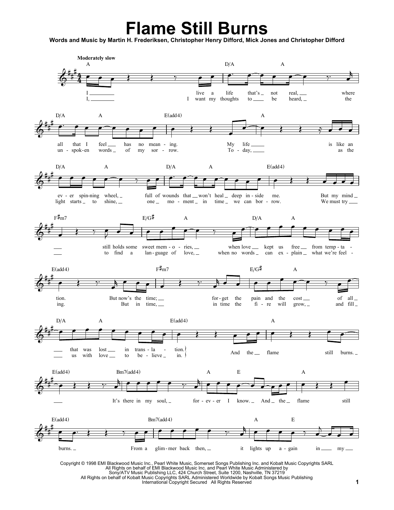 Foreigner Flame Still Burns Sheet Music Notes & Chords for Melody Line, Lyrics & Chords - Download or Print PDF