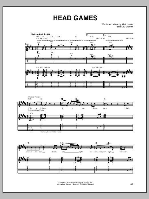 Foreigner Head Games Sheet Music Notes & Chords for Guitar Tab - Download or Print PDF
