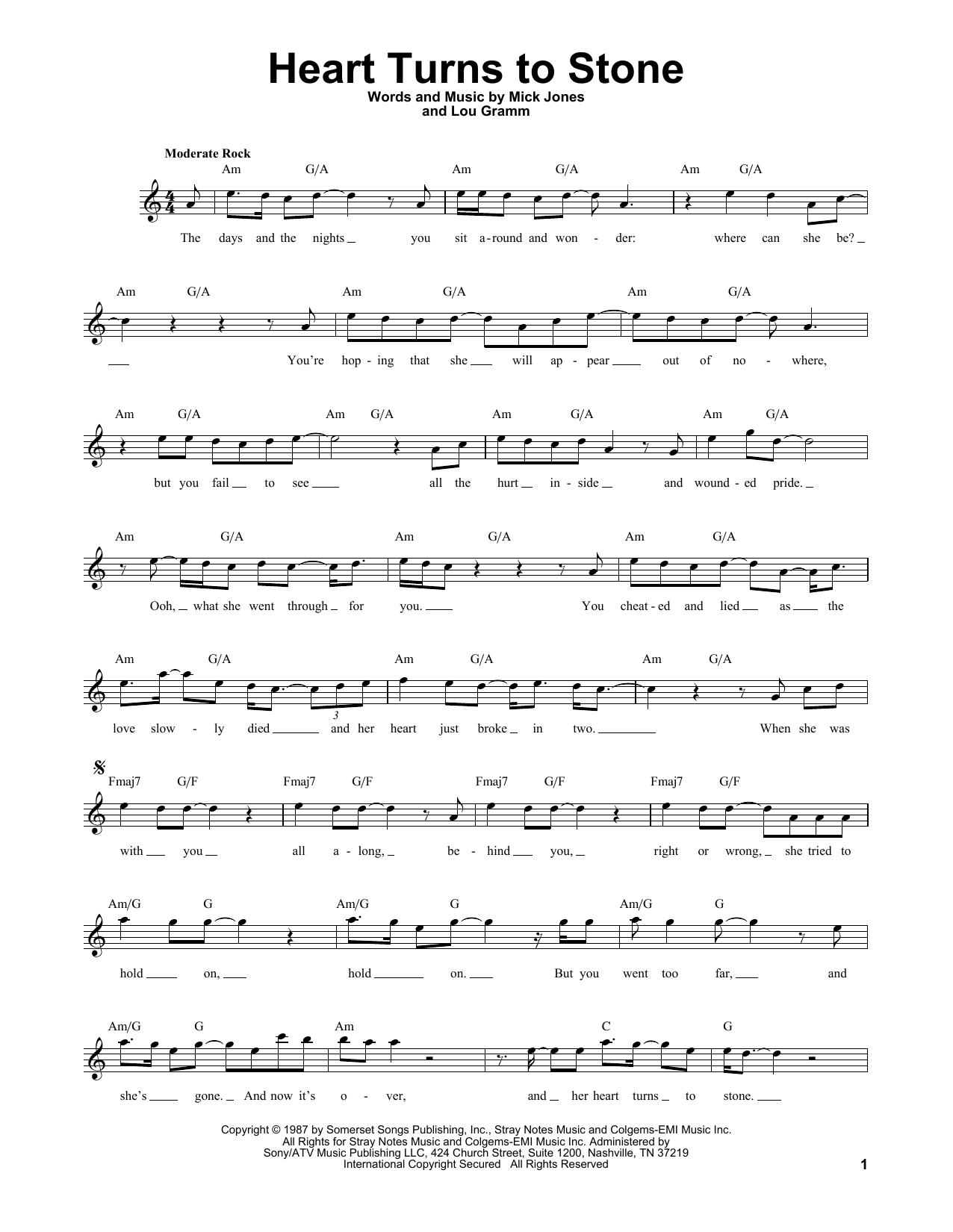 Foreigner Heart Turns To Stone Sheet Music Notes & Chords for Melody Line, Lyrics & Chords - Download or Print PDF