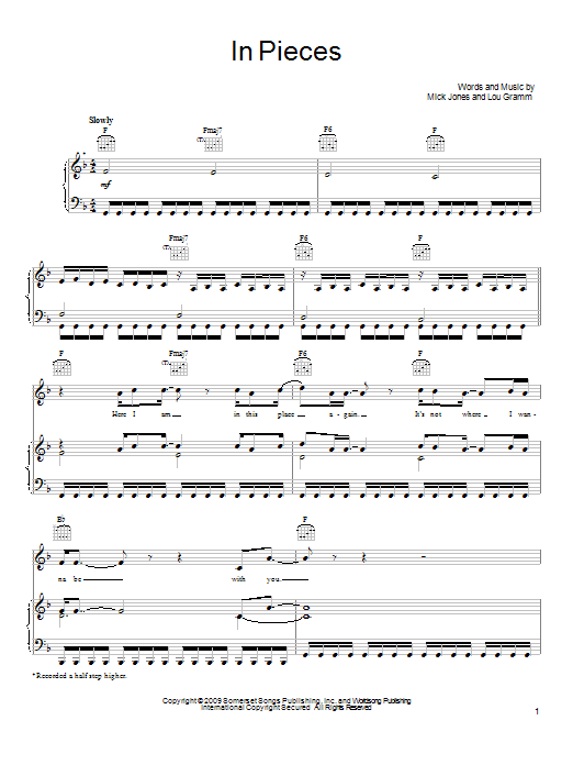Foreigner In Pieces Sheet Music Notes & Chords for Piano, Vocal & Guitar (Right-Hand Melody) - Download or Print PDF