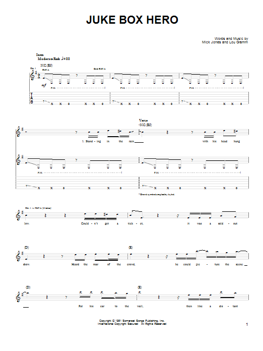 Foreigner Juke Box Hero Sheet Music Notes & Chords for Piano, Vocal & Guitar (Right-Hand Melody) - Download or Print PDF