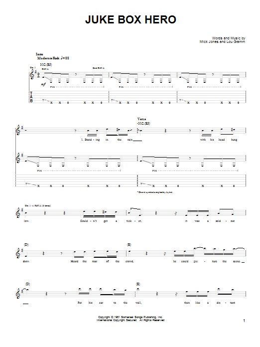 Preview Foreigner Juke Box Hero Rock sheet music, notes and chords for Guitar Tab, SKU: 88892 Juke Box Hero sheet music