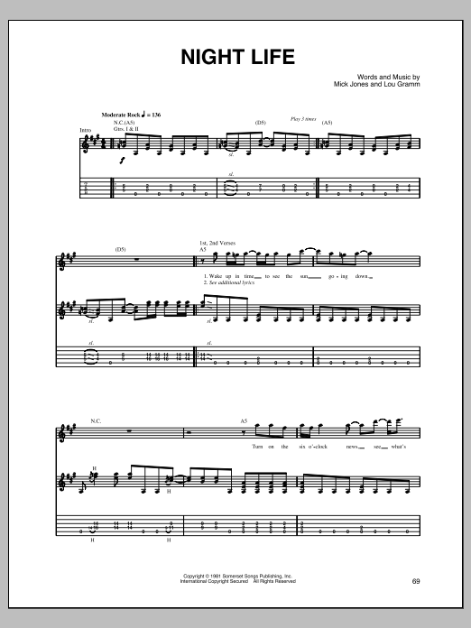 Foreigner Night Life Sheet Music Notes & Chords for Guitar Tab - Download or Print PDF