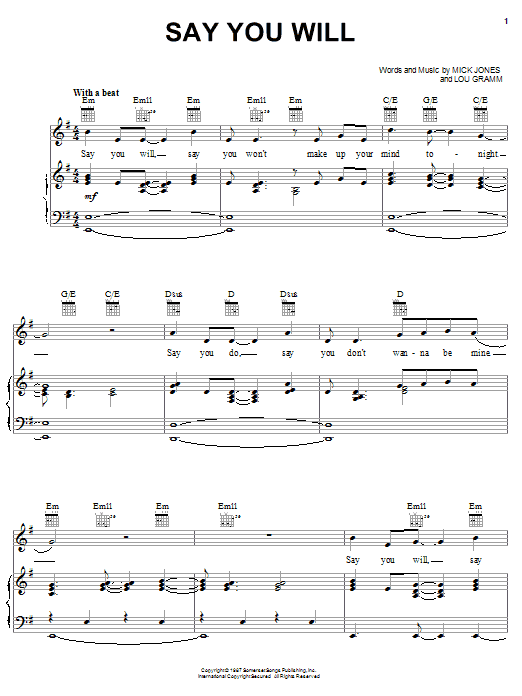 Foreigner Say You Will Sheet Music Notes & Chords for Piano, Vocal & Guitar (Right-Hand Melody) - Download or Print PDF