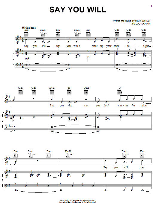 Preview Foreigner Say You Will Rock sheet music, notes and chords for Piano, Vocal & Guitar (Right-Hand Melody), SKU: 23486 sheet music, piano notes, chords, guitar tabs, score, transpose, transcribe, how to play, guide, download, learn, tutorial, progression, song, artist, awards, billboard, mtv, vh1, tour, single, album, release