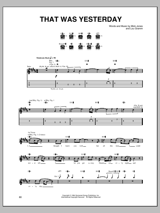 Foreigner That Was Yesterday Sheet Music Notes & Chords for Piano, Vocal & Guitar (Right-Hand Melody) - Download or Print PDF