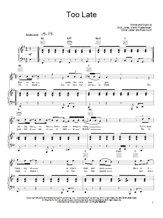 Foreigner Too Late Sheet Music Notes & Chords for Piano, Vocal & Guitar (Right-Hand Melody) - Download or Print PDF