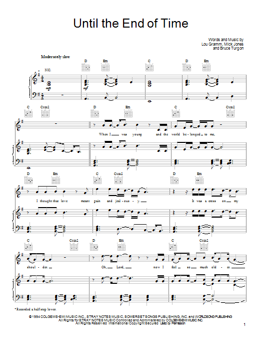 Foreigner Until The End Of Time Sheet Music Notes & Chords for Piano, Vocal & Guitar (Right-Hand Melody) - Download or Print PDF