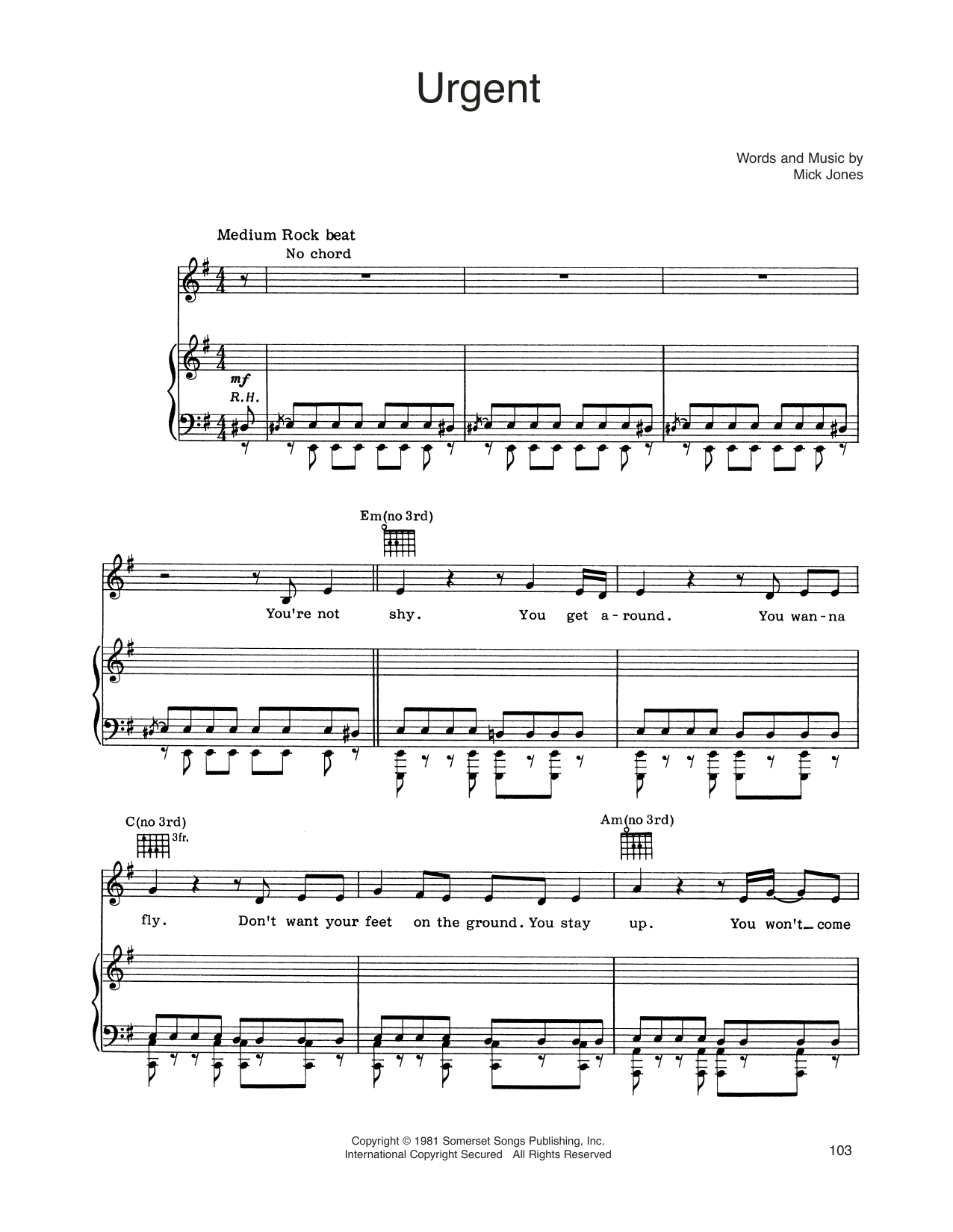 Foreigner Urgent Sheet Music Notes & Chords for Melody Line, Lyrics & Chords - Download or Print PDF