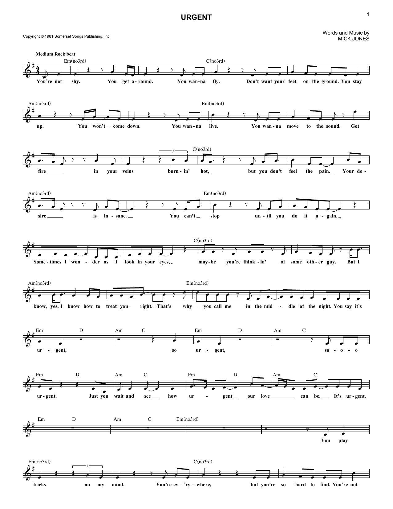 Foreigner Urgent Sheet Music Notes & Chords for Piano, Vocal & Guitar (Right-Hand Melody) - Download or Print PDF