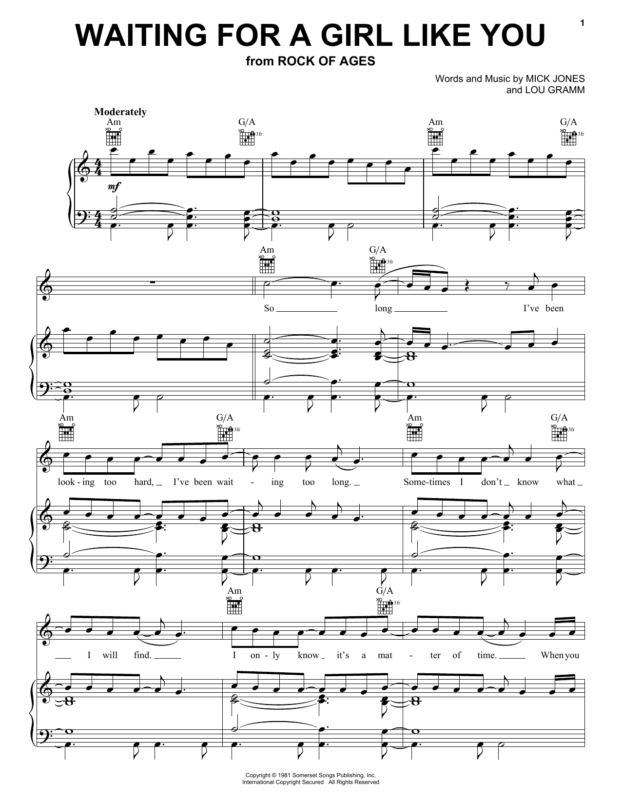 Preview Foreigner Waiting For A Girl Like You Pop sheet music, notes and chords for Piano, Vocal & Guitar (Right-Hand Melody), SKU: 34116 Waiting For A Girl Like You sheet music
