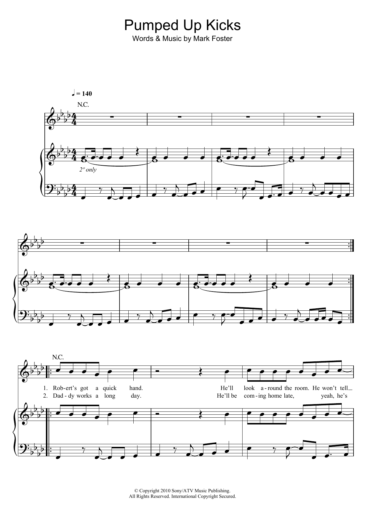 Foster The People Pumped Up Kicks Sheet Music Notes & Chords for Piano, Vocal & Guitar (Right-Hand Melody) - Download or Print PDF