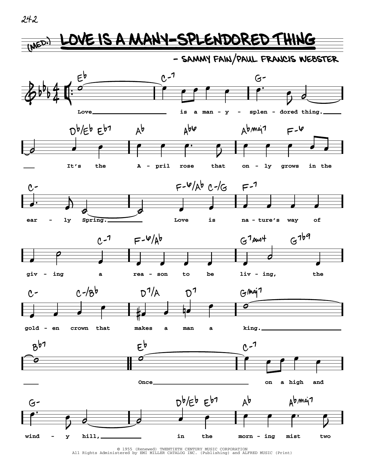 Four Aces Love Is A Many-Splendored Thing (High Voice) Sheet Music Notes & Chords for Real Book – Melody, Lyrics & Chords - Download or Print PDF