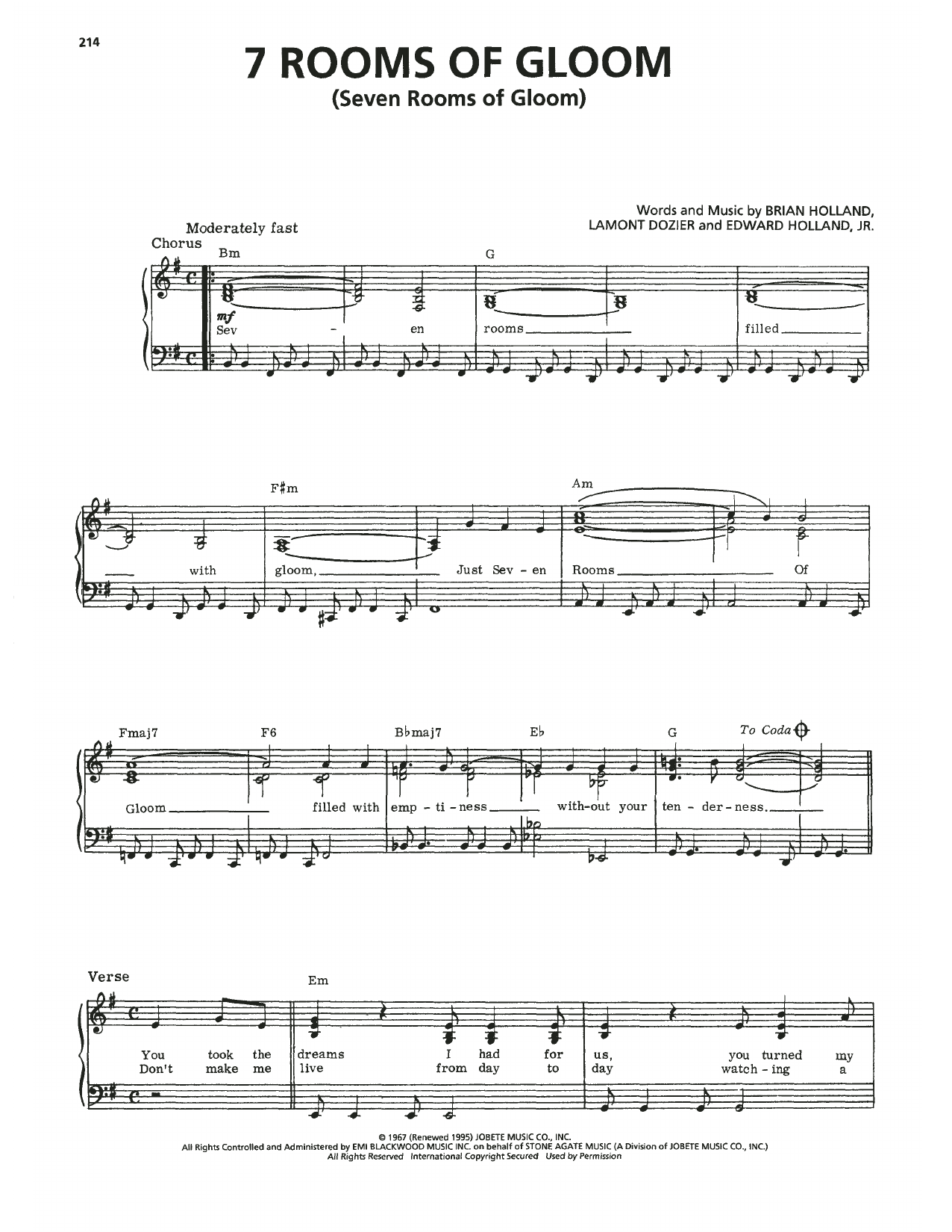 Four Tops 7 Rooms Of Gloom (Seven Rooms Of Gloom) Sheet Music Notes & Chords for Piano, Vocal & Guitar Chords (Right-Hand Melody) - Download or Print PDF