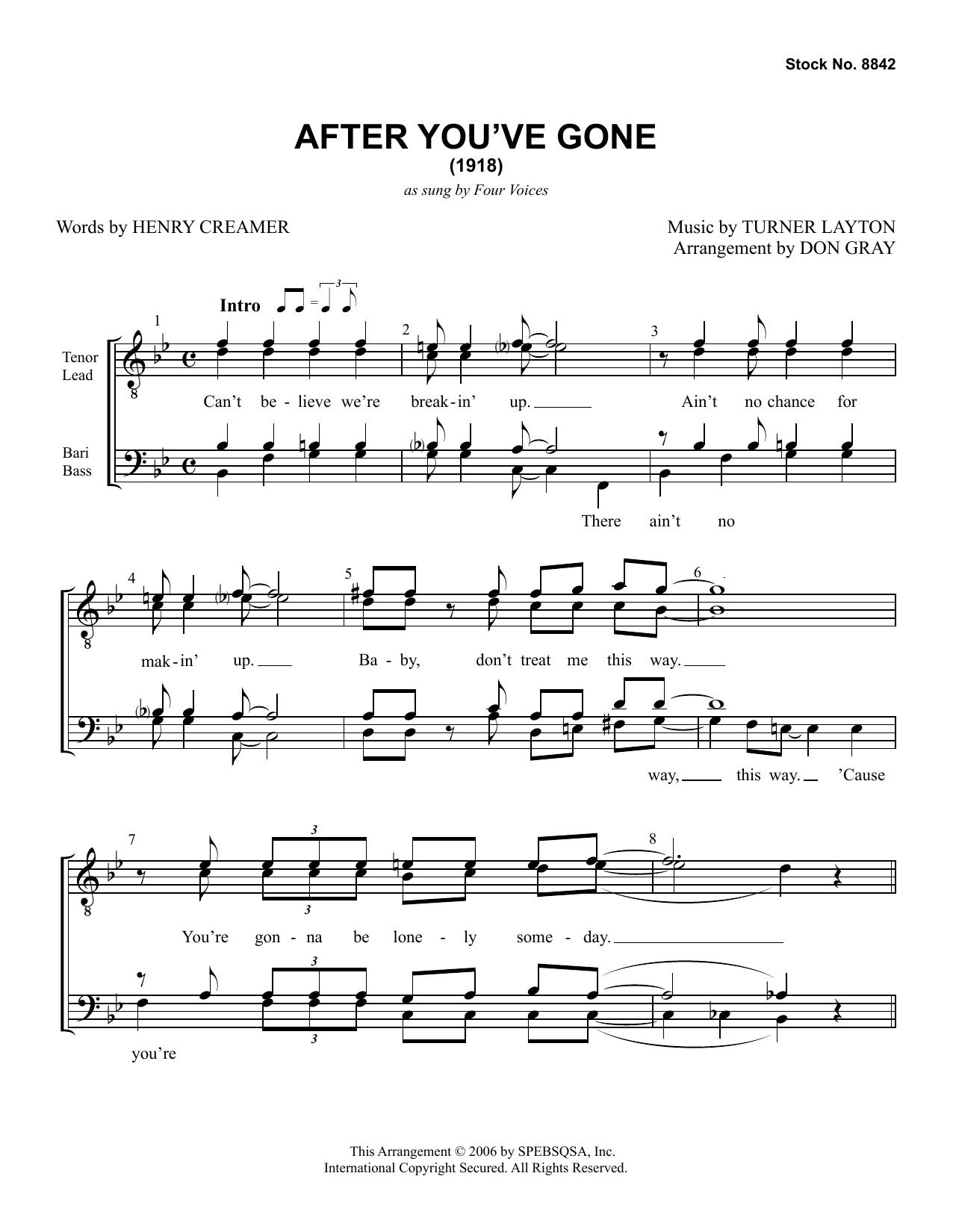 Four Voices After You've Gone (arr. Don Gray) Sheet Music Notes & Chords for TTBB Choir - Download or Print PDF