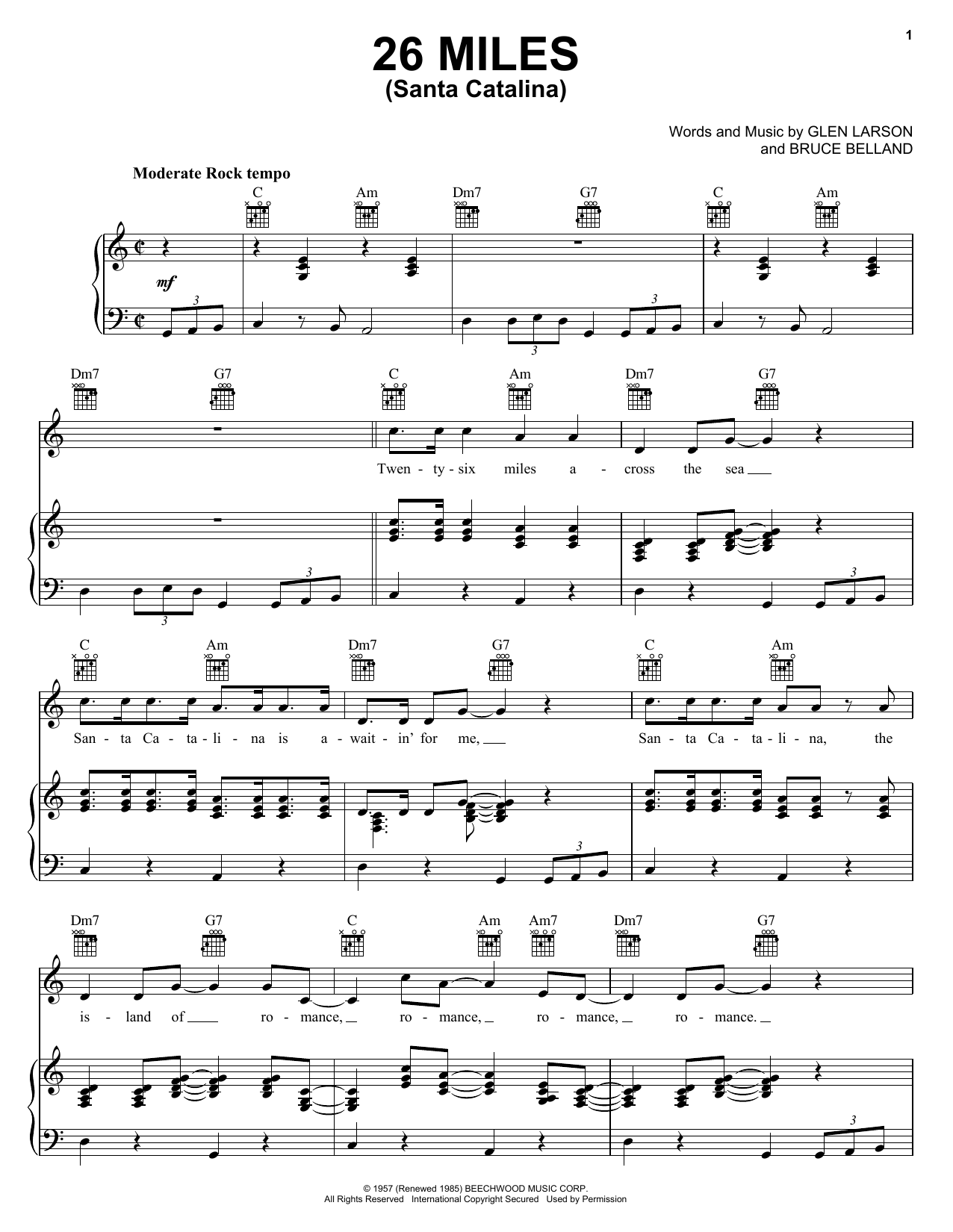 Preview Four Preps 26 Miles (Santa Catalina) Pop sheet music, notes and chords for Piano, Vocal & Guitar (Right-Hand Melody), SKU: 18338 26 Miles (Santa Catalina) sheet music