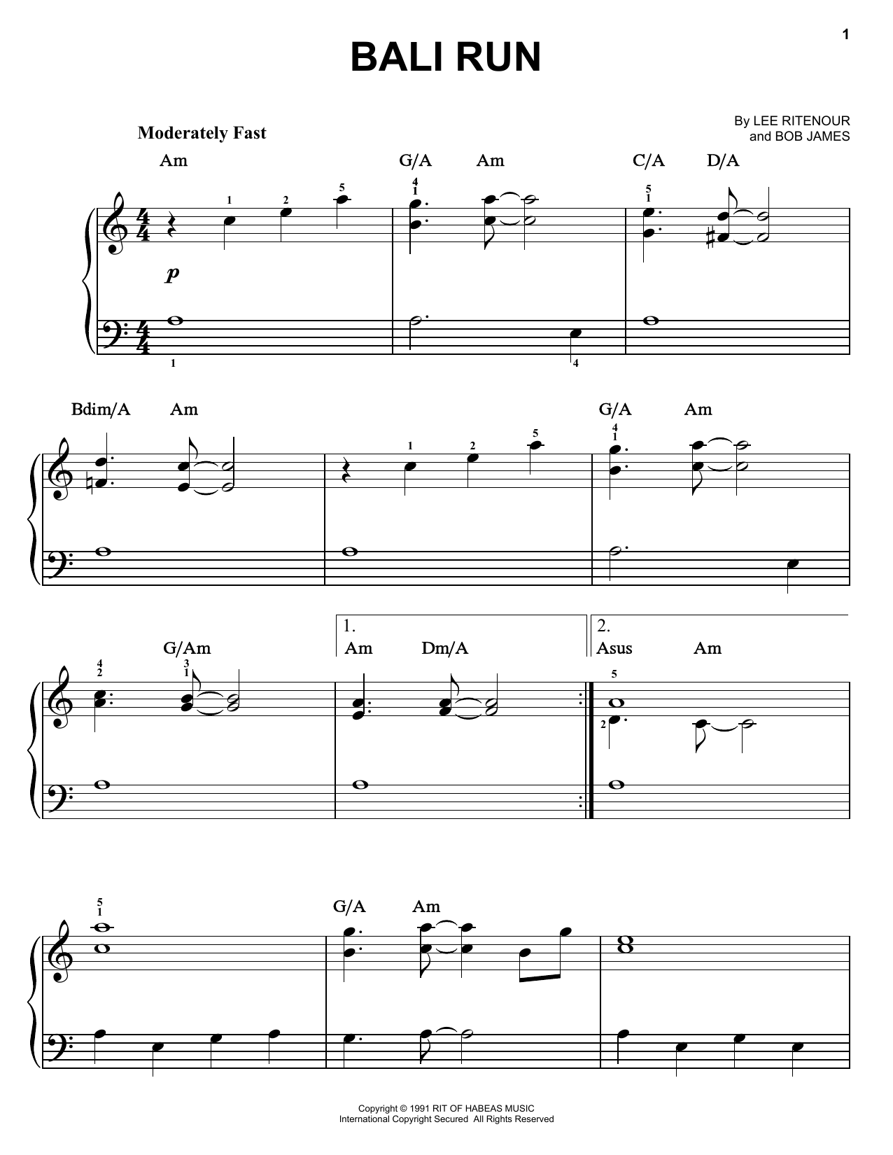 Fourplay Bali Run Sheet Music Notes & Chords for Easy Piano - Download or Print PDF