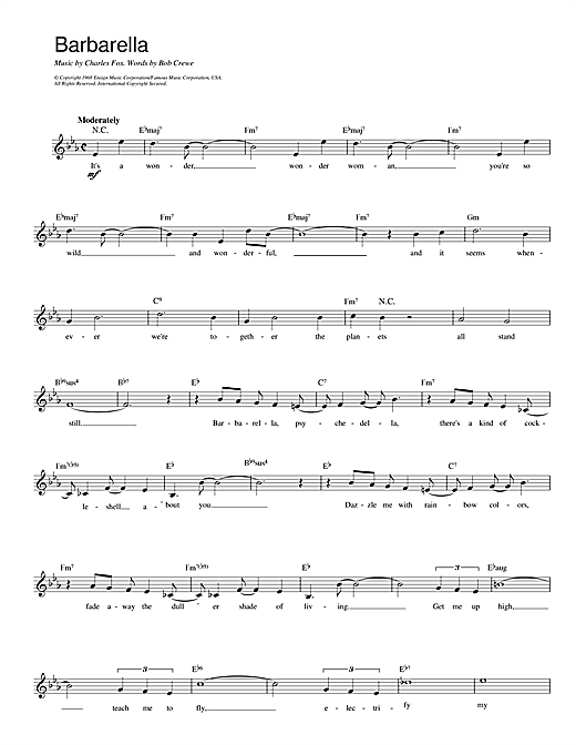 Preview Fox And Crewe Barbarella Film and TV sheet music, notes and chords for Melody Line, Lyrics & Chords, SKU: 13962 Barbarella sheet music