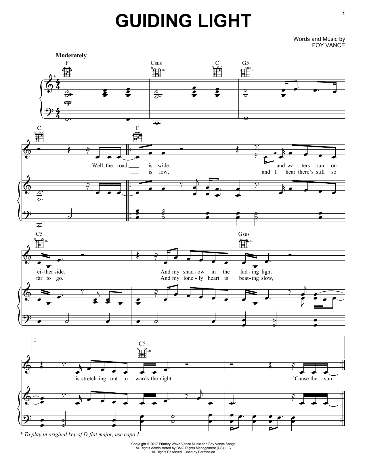 Foy Vance feat. Ed Sheeran Guiding Light Sheet Music Notes & Chords for Piano, Vocal & Guitar (Right-Hand Melody) - Download or Print PDF