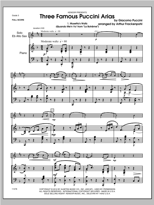 Preview Frackenpohl Three Famous Puccini Arias - Piano/Score Classical sheet music, notes and chords for Brass Solo, SKU: 313468 Three Famous Puccini Arias - Piano/Score sheet music