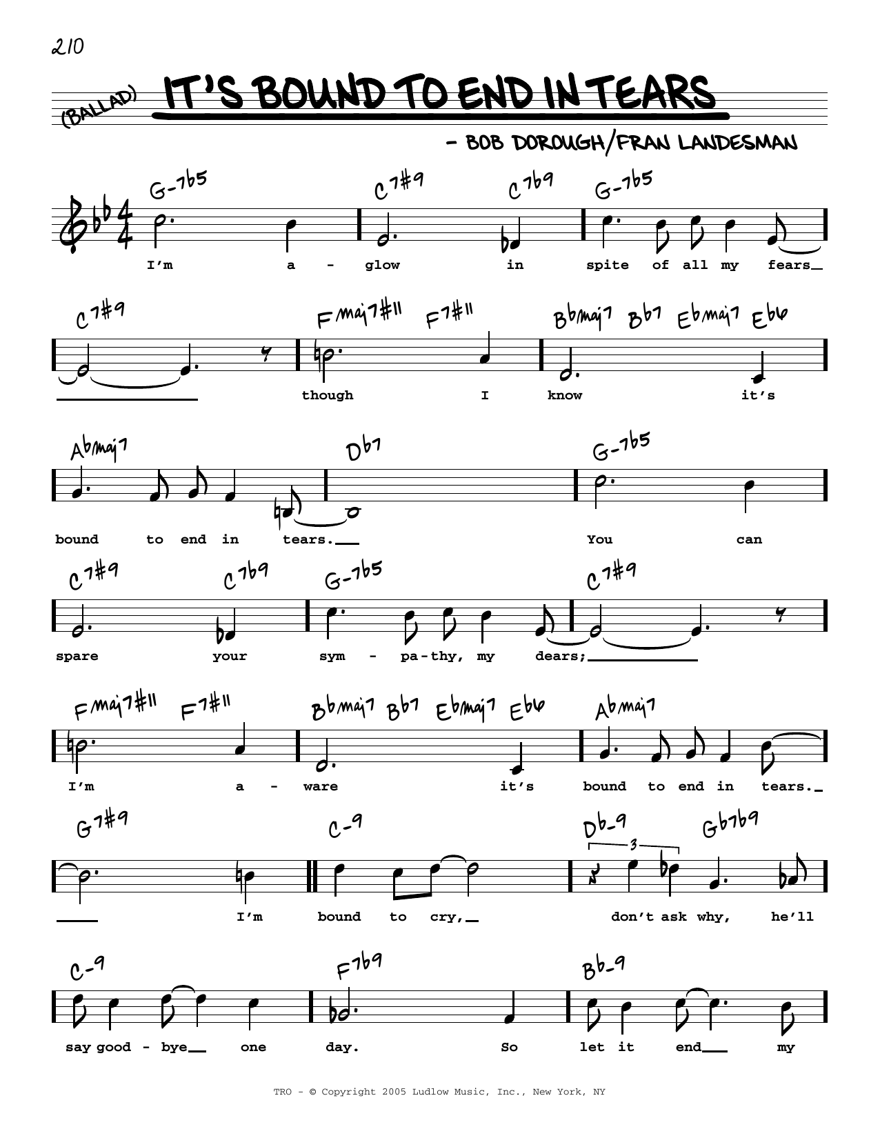 Fran Landesman and Bob Dorough It's Bound To End In Tears (High Voice) Sheet Music Notes & Chords for Real Book – Melody, Lyrics & Chords - Download or Print PDF