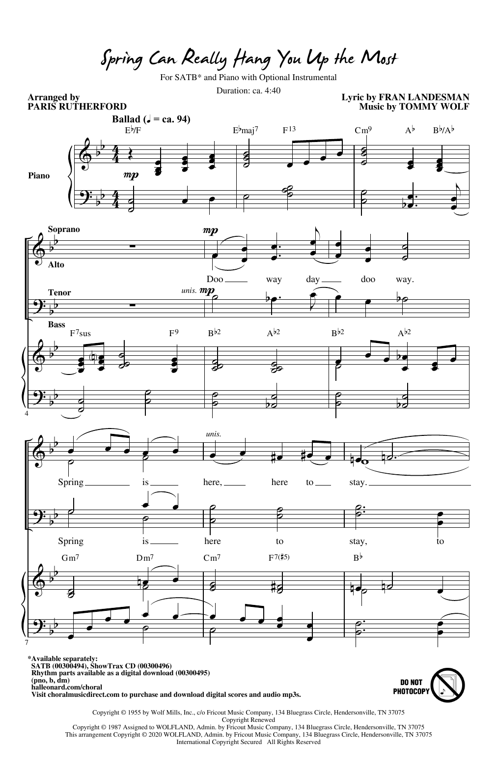 Fran Landesman and Tommy Wolf Spring Can Really Hang You Up The Most (arr. Paris Rutherford) Sheet Music Notes & Chords for SATB Choir - Download or Print PDF