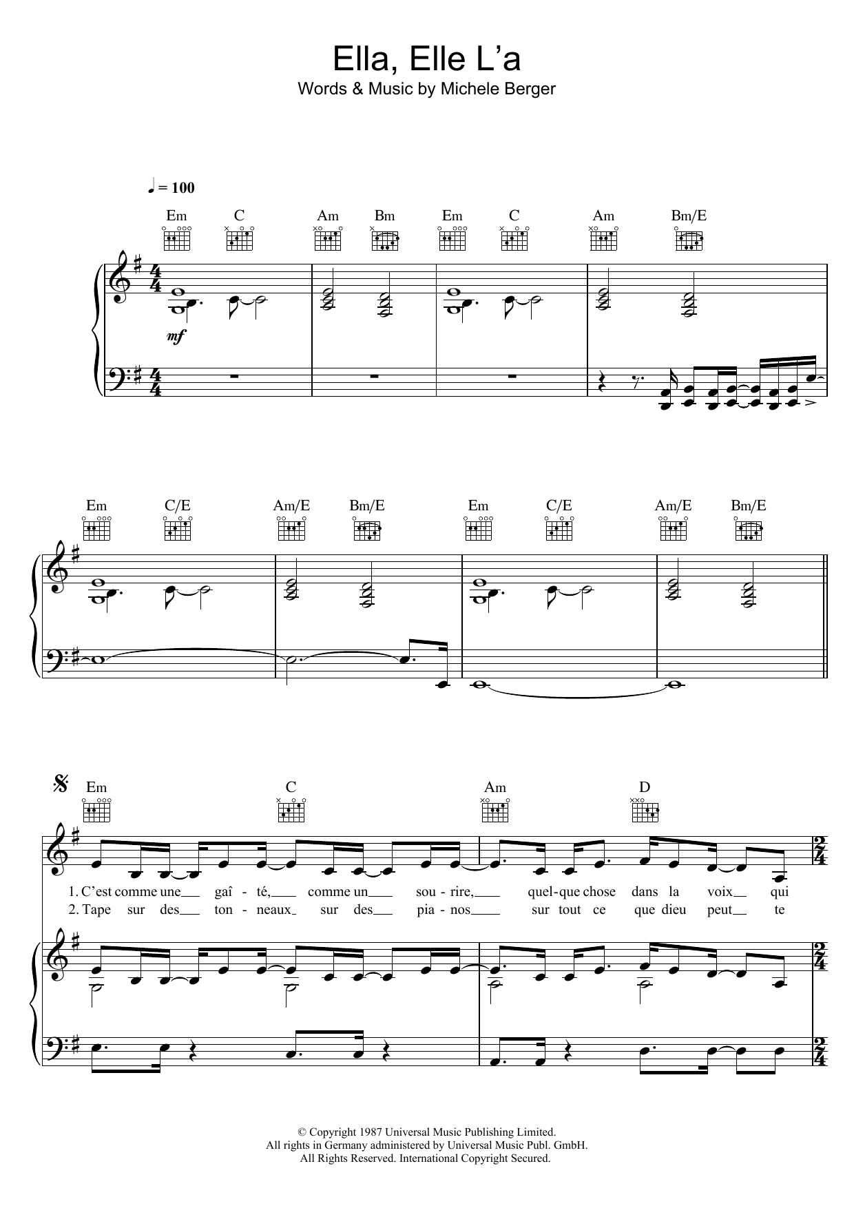 France Gall Ella, Elle L'a Sheet Music Notes & Chords for Piano, Vocal & Guitar (Right-Hand Melody) - Download or Print PDF