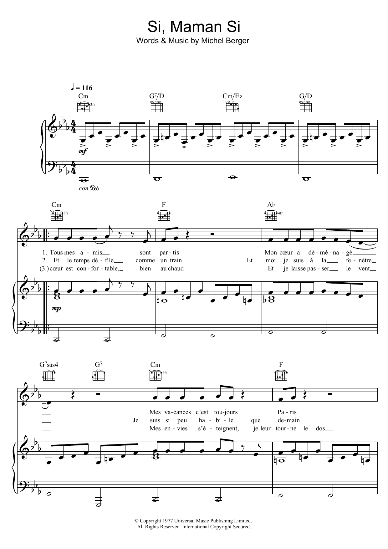 France Gall Si, Maman Si Sheet Music Notes & Chords for Piano, Vocal & Guitar (Right-Hand Melody) - Download or Print PDF
