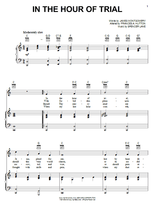 Frances A. Hutton In The Hour Of Trial Sheet Music Notes & Chords for Piano, Vocal & Guitar (Right-Hand Melody) - Download or Print PDF