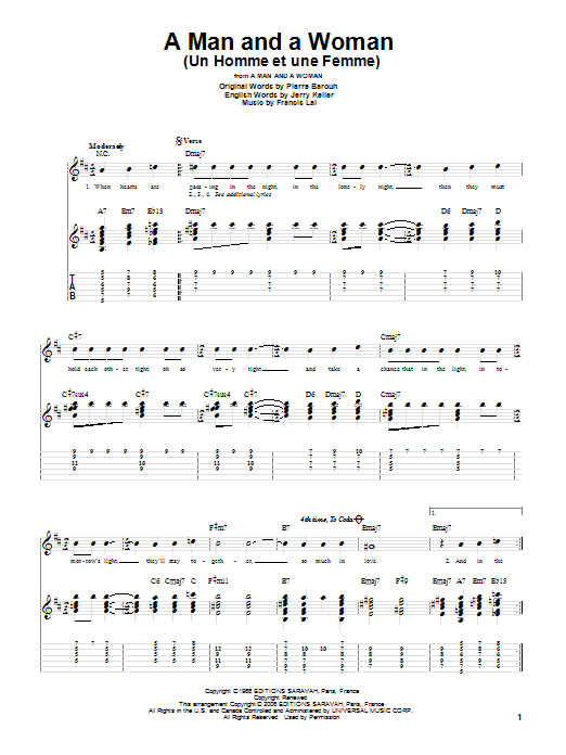 Francis Lai A Man And A Woman (Un Homme Et Une Femme) Sheet Music Notes & Chords for Guitar Tab - Download or Print PDF