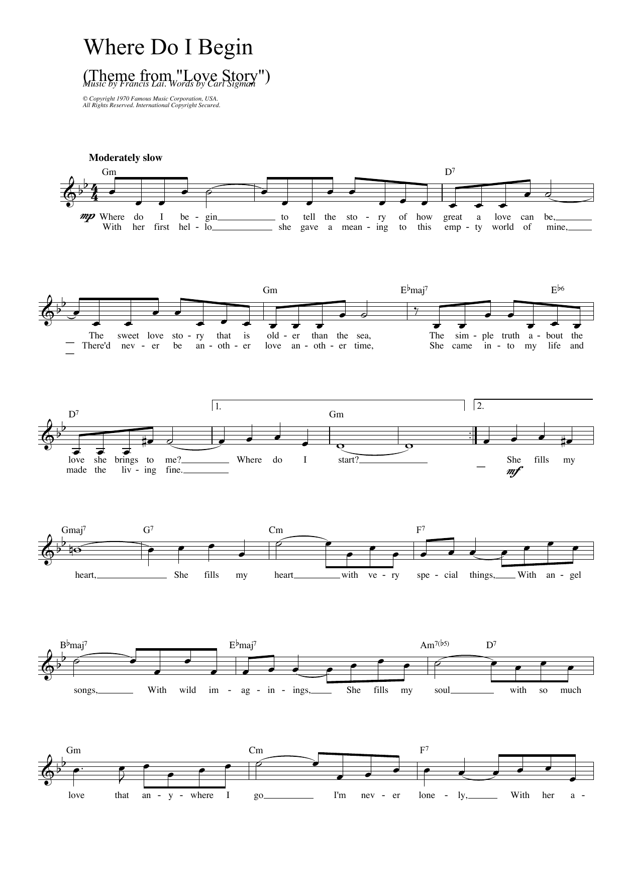 Francis Lai Where Do I Begin (theme from Love Story) Sheet Music Notes & Chords for Lead Sheet / Fake Book - Download or Print PDF