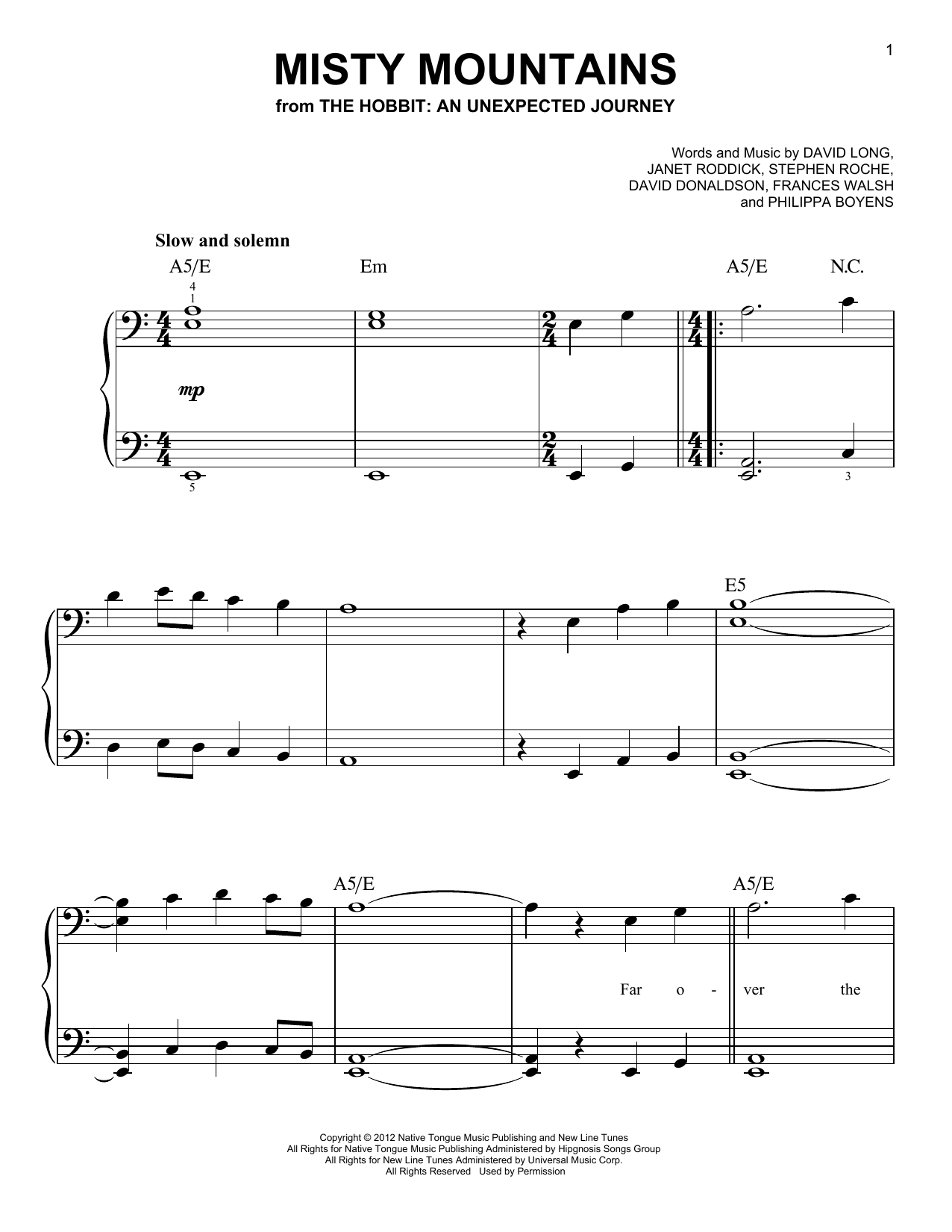 Frances Walsh Misty Mountains (from The Hobbit: An Unexpected Journey) Sheet Music Notes & Chords for Easy Piano - Download or Print PDF