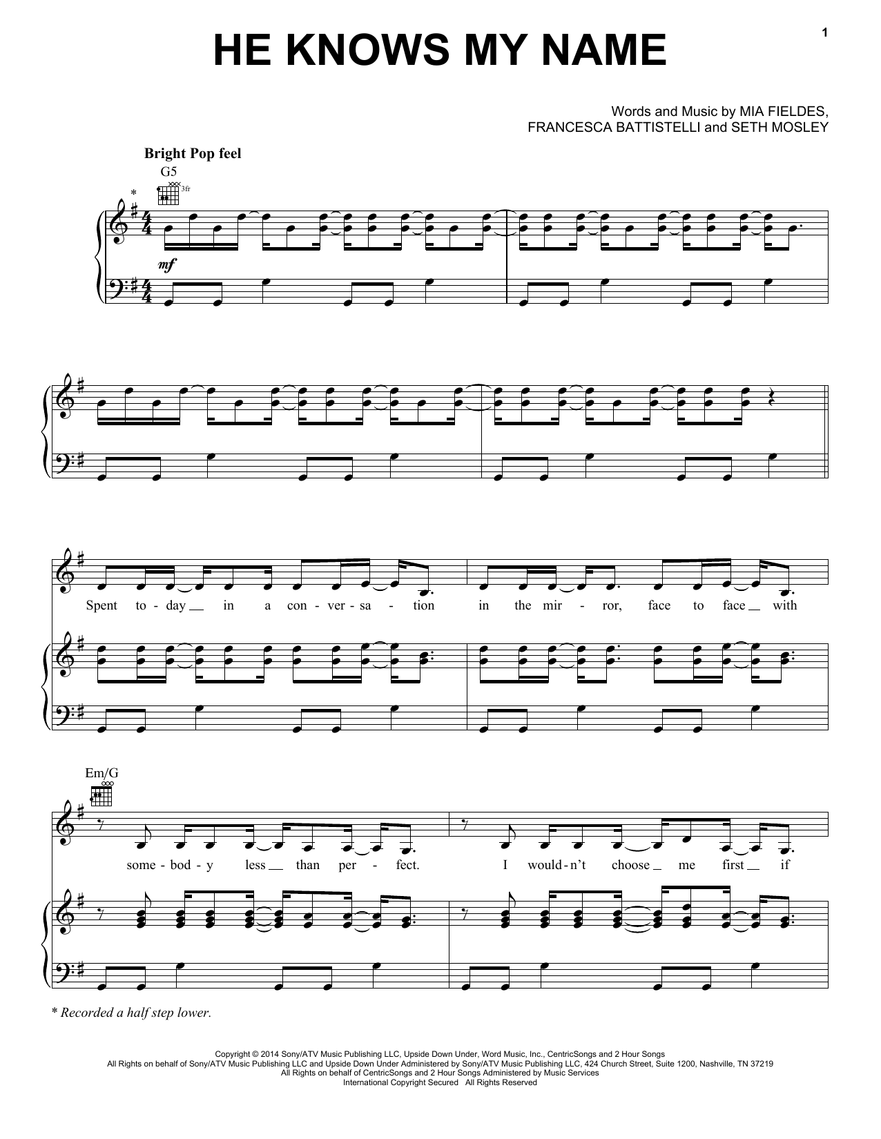 Francesca Battistelli He Knows My Name Sheet Music Notes & Chords for Piano, Vocal & Guitar (Right-Hand Melody) - Download or Print PDF