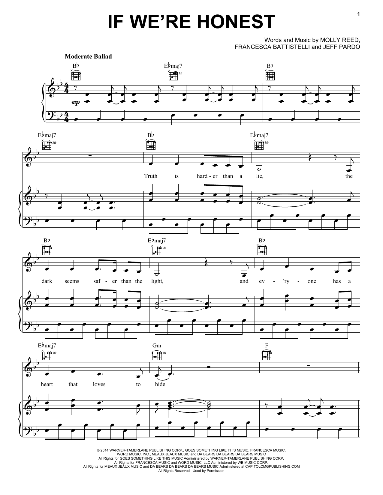 Francesca Battistelli If We're Honest Sheet Music Notes & Chords for Piano, Vocal & Guitar (Right-Hand Melody) - Download or Print PDF