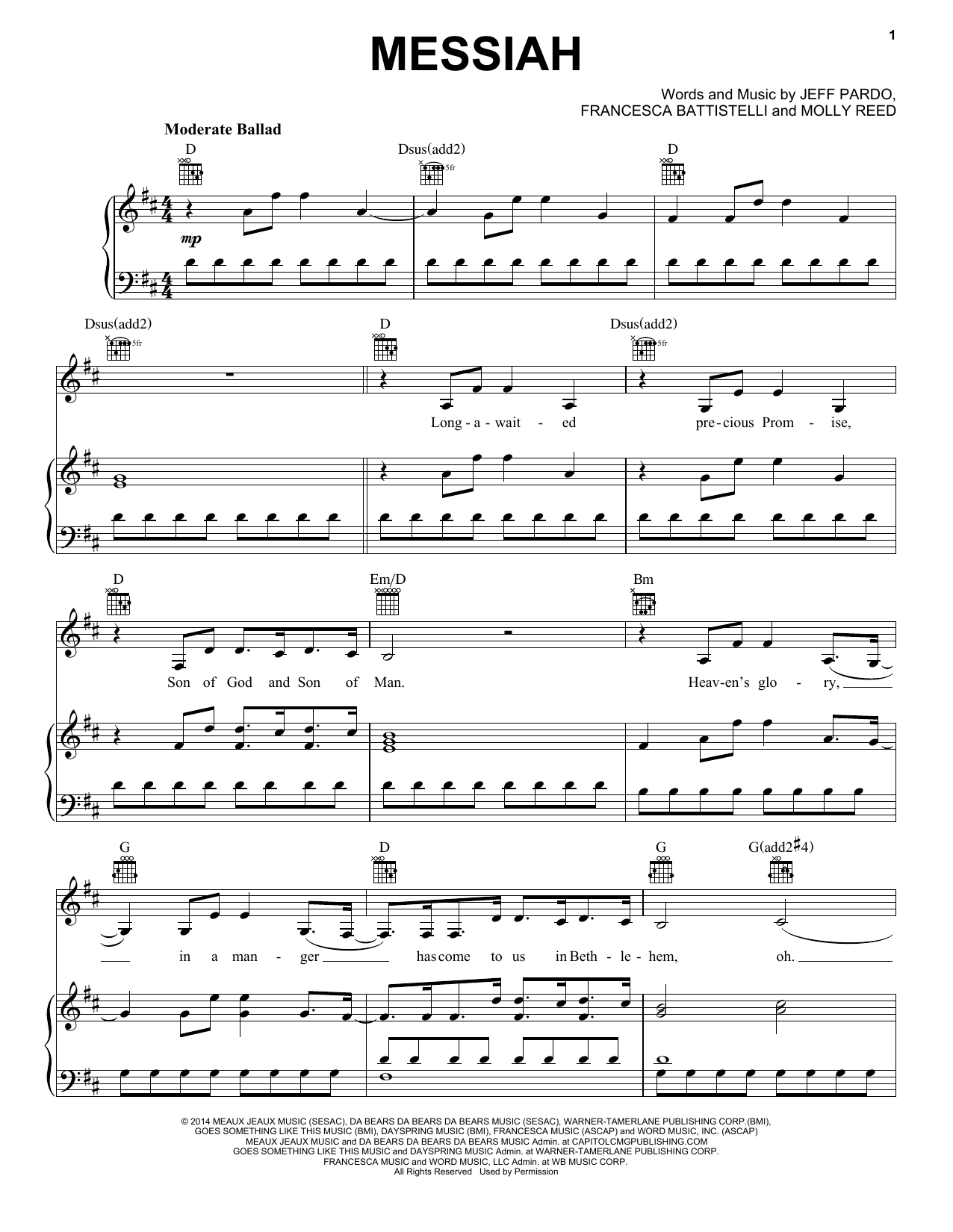 Francesca Battistelli Messiah Sheet Music Notes & Chords for Piano, Vocal & Guitar (Right-Hand Melody) - Download or Print PDF