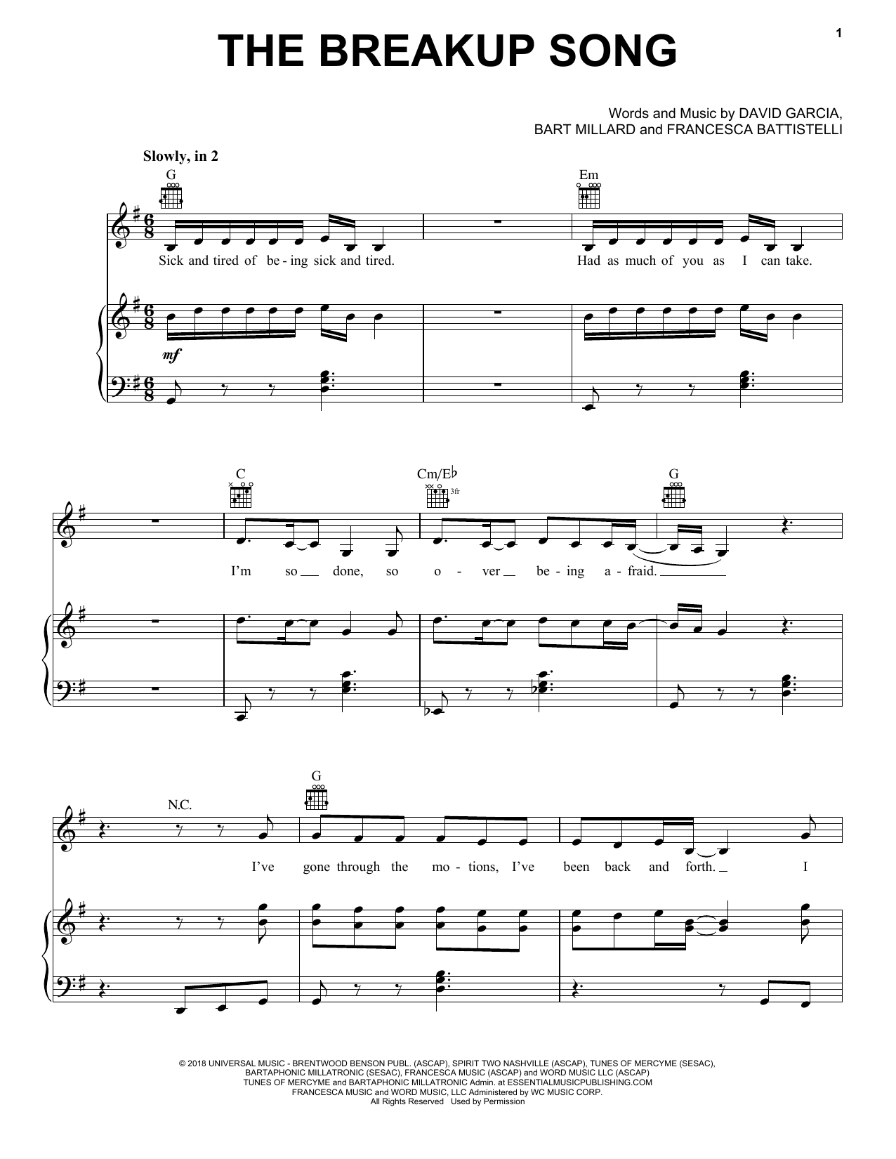 Francesca Battistelli The Breakup Song Sheet Music Notes & Chords for Piano, Vocal & Guitar (Right-Hand Melody) - Download or Print PDF