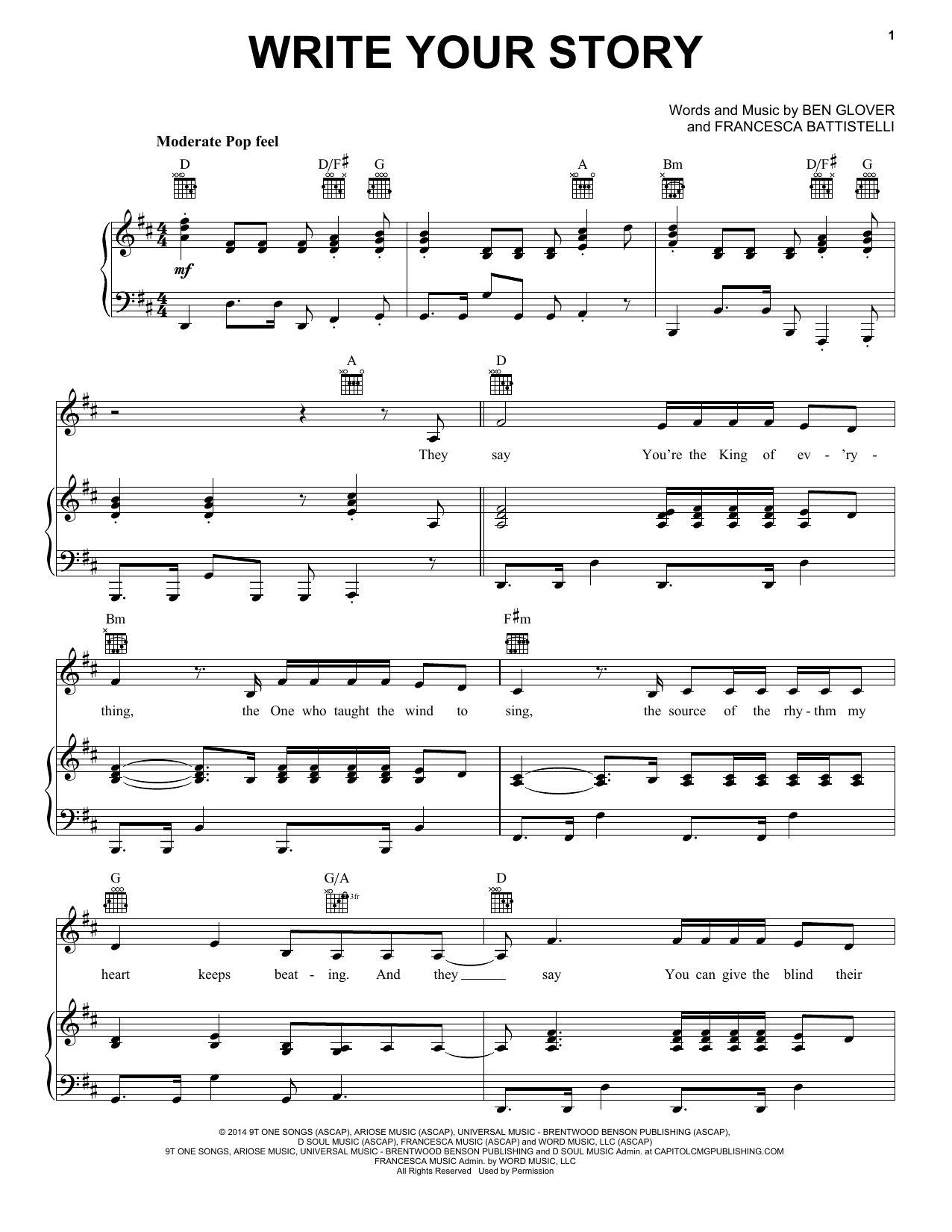 Francesca Battistelli Write Your Story Sheet Music Notes & Chords for Piano, Vocal & Guitar (Right-Hand Melody) - Download or Print PDF