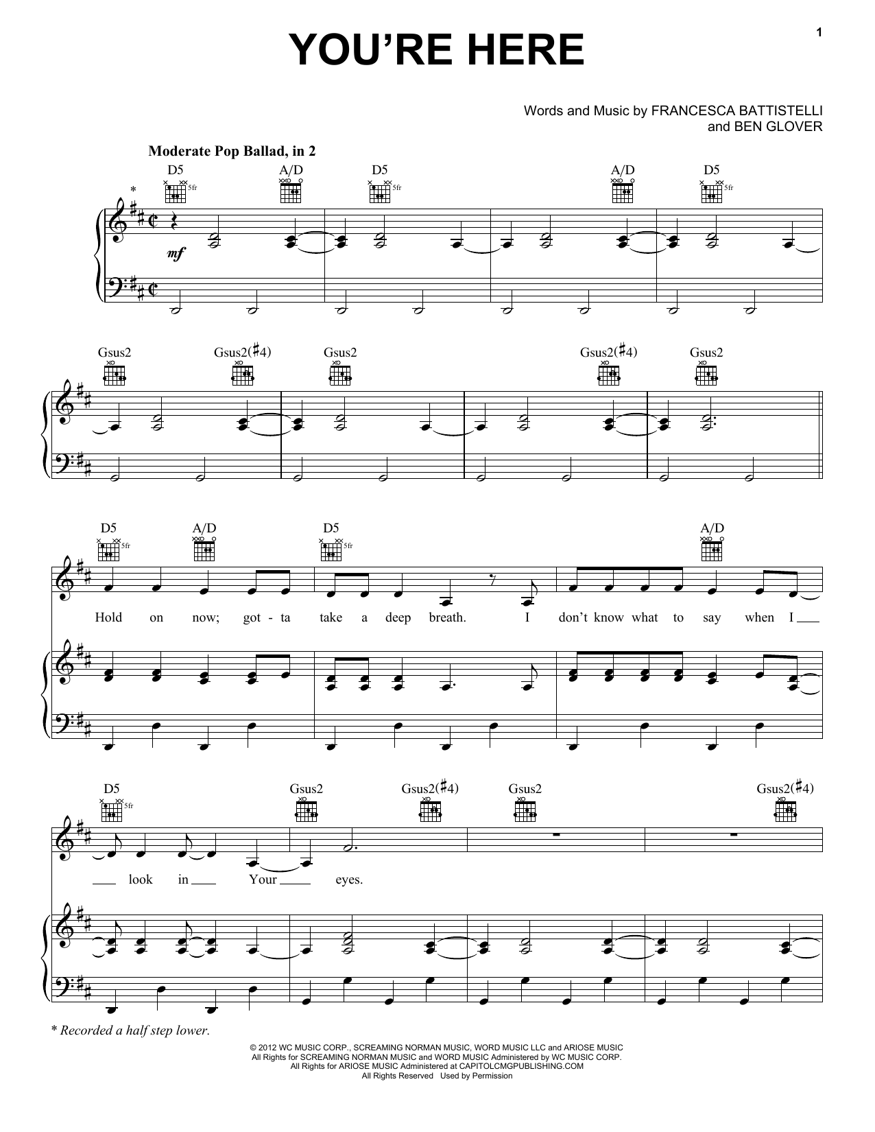 Francesca Battistelli You're Here Sheet Music Notes & Chords for Piano, Vocal & Guitar (Right-Hand Melody) - Download or Print PDF