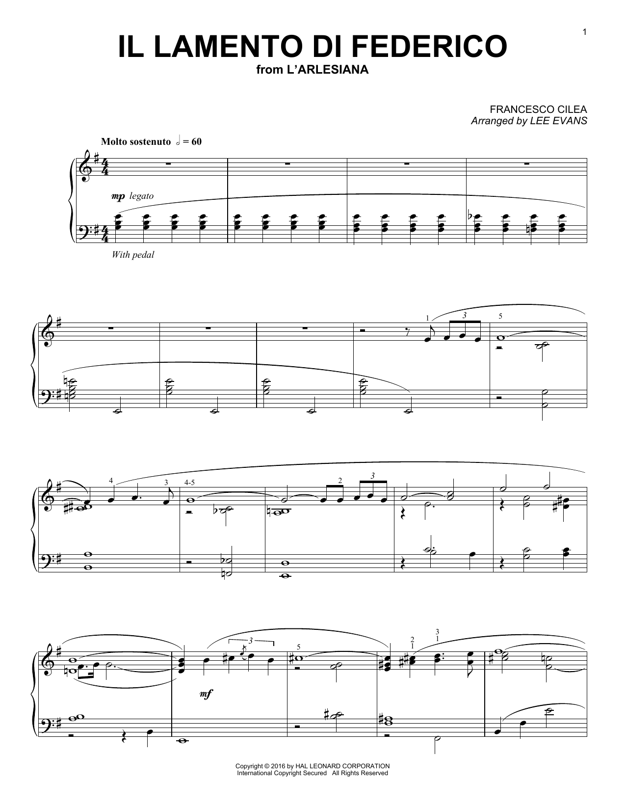 Lee Evans ll lamento di Federico Sheet Music Notes & Chords for Piano - Download or Print PDF