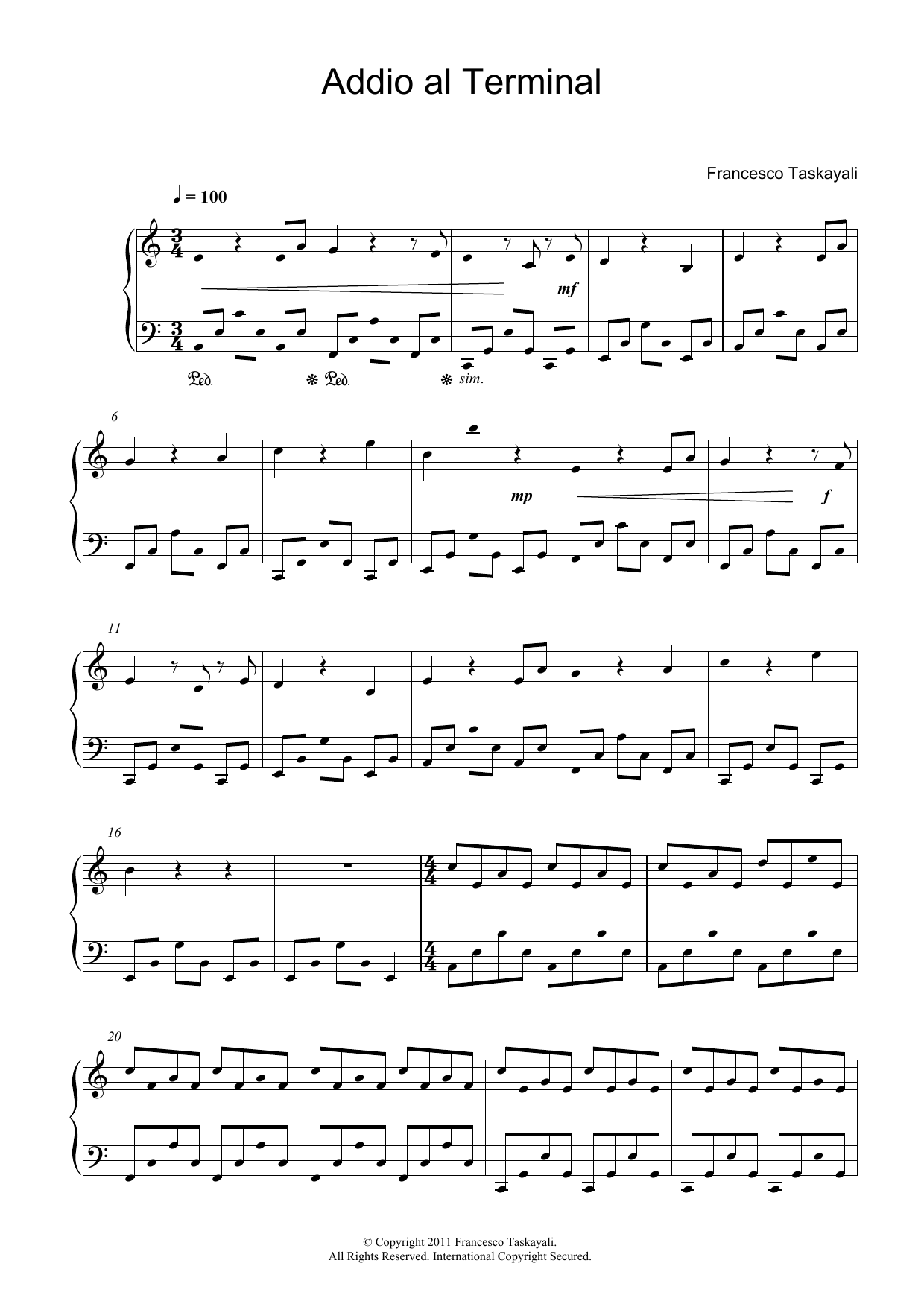 Francesco Taskayali Addio Al Terminal Sheet Music Notes & Chords for Piano - Download or Print PDF