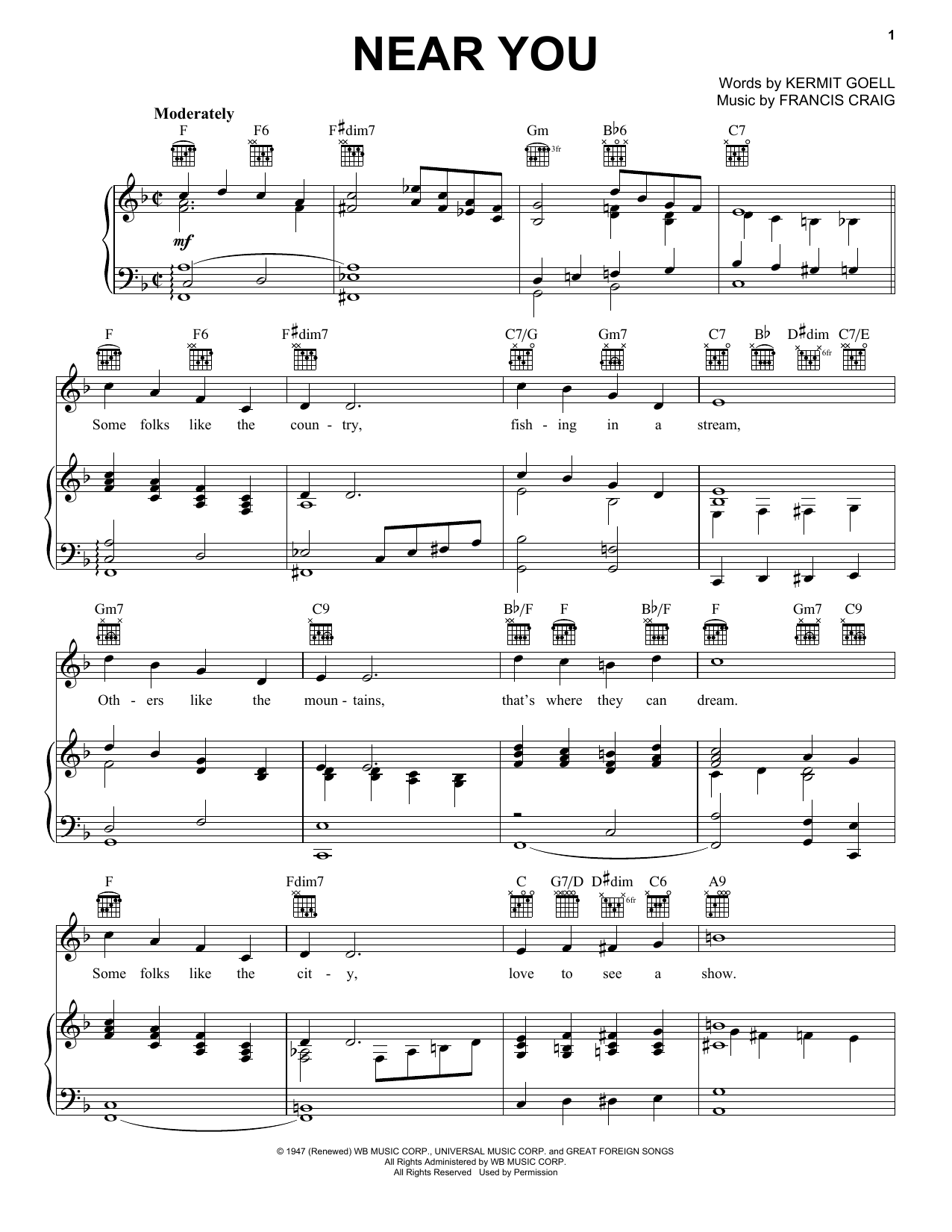 Francis Craig Near You Sheet Music Notes & Chords for Piano, Vocal & Guitar (Right-Hand Melody) - Download or Print PDF