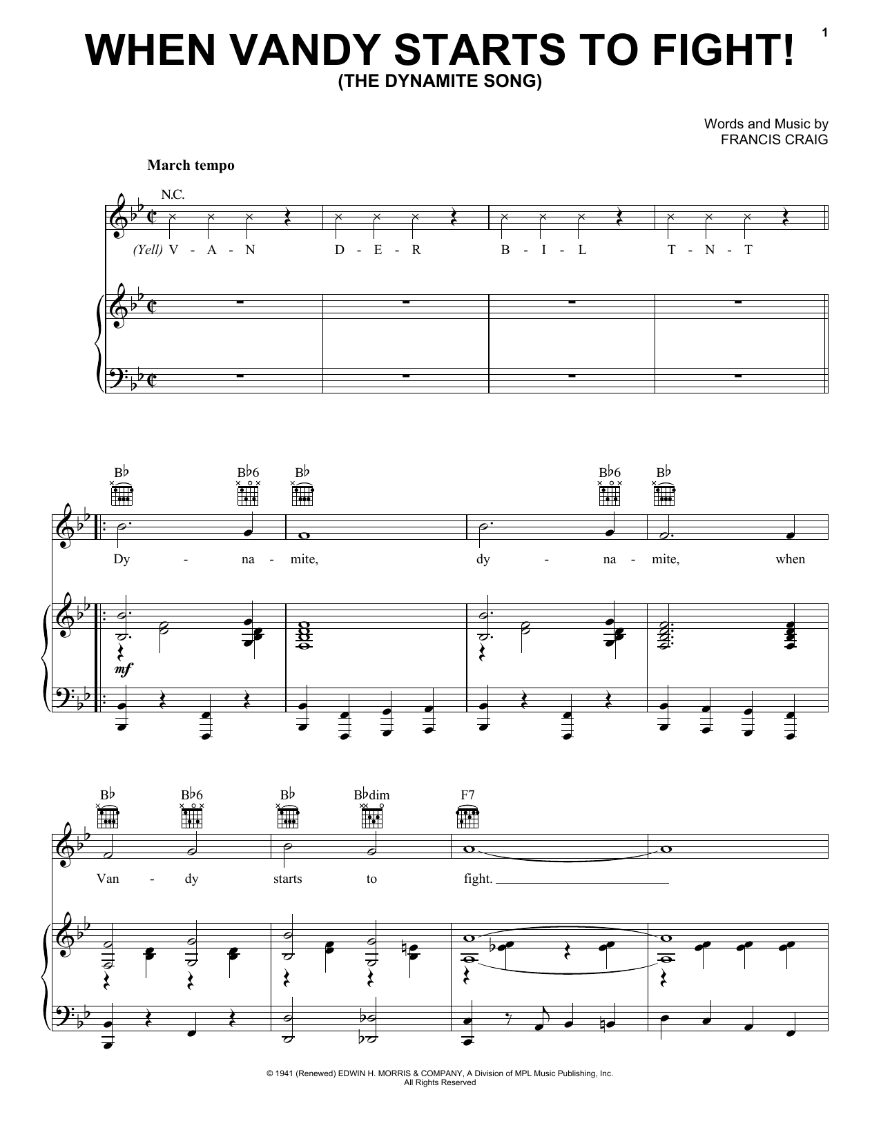 Francis Craig When Vandy Starts To Fight! (The Dynamite Song) Sheet Music Notes & Chords for Piano, Vocal & Guitar (Right-Hand Melody) - Download or Print PDF