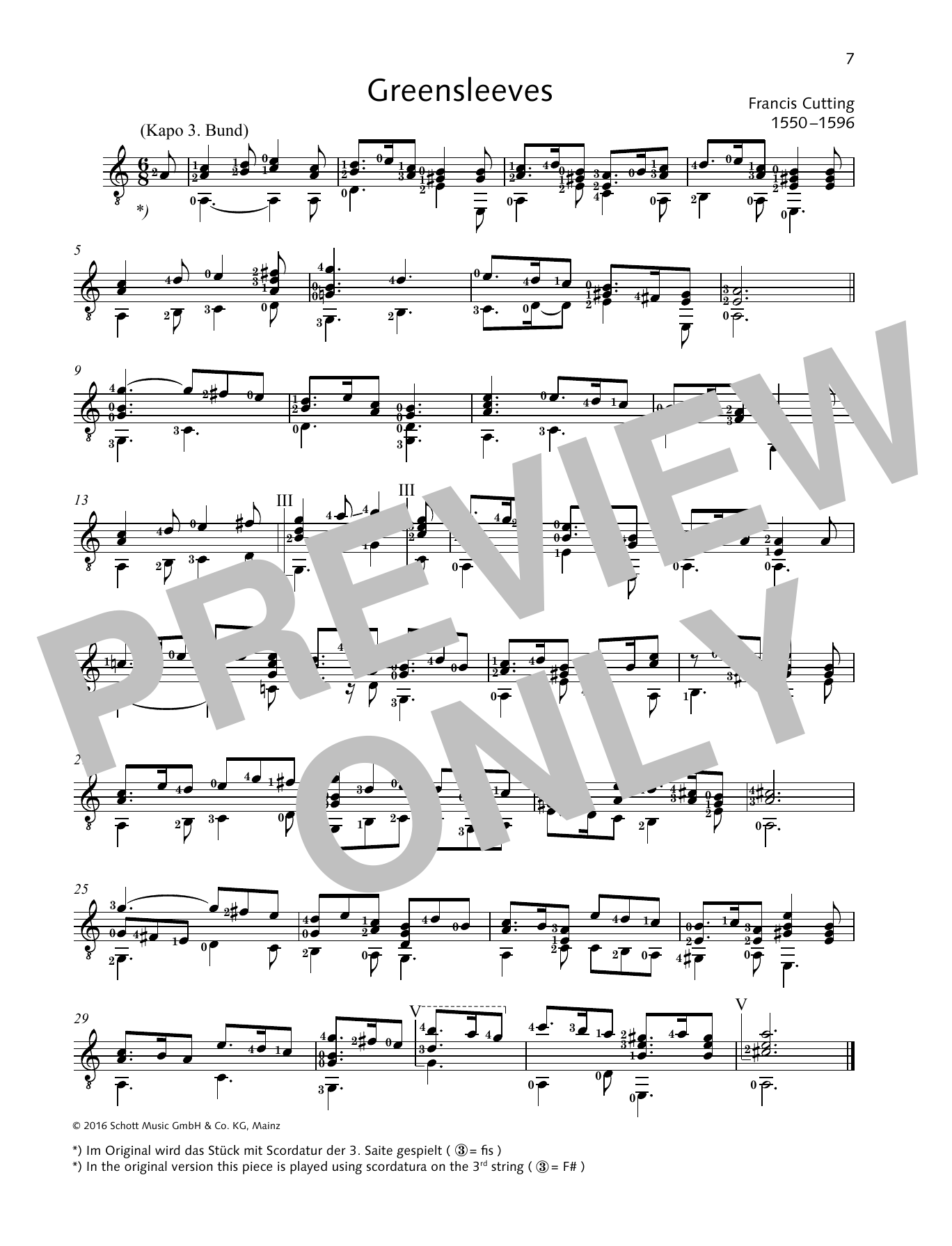 Francis Cutting Greensleeves Sheet Music Notes & Chords for Solo Guitar - Download or Print PDF