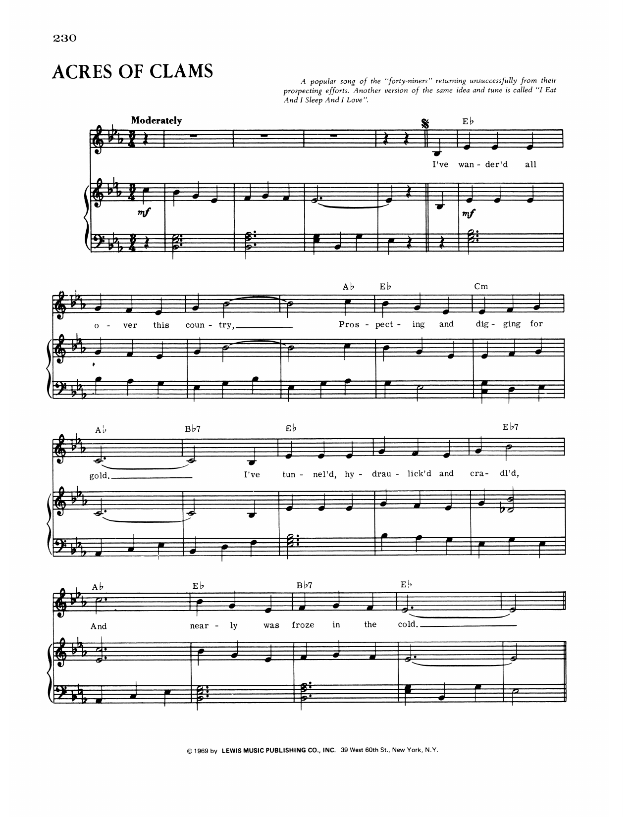 Francis D. Henry Acres Of Clams (Old Settler's Song) Sheet Music Notes & Chords for Piano, Vocal & Guitar Chords (Right-Hand Melody) - Download or Print PDF