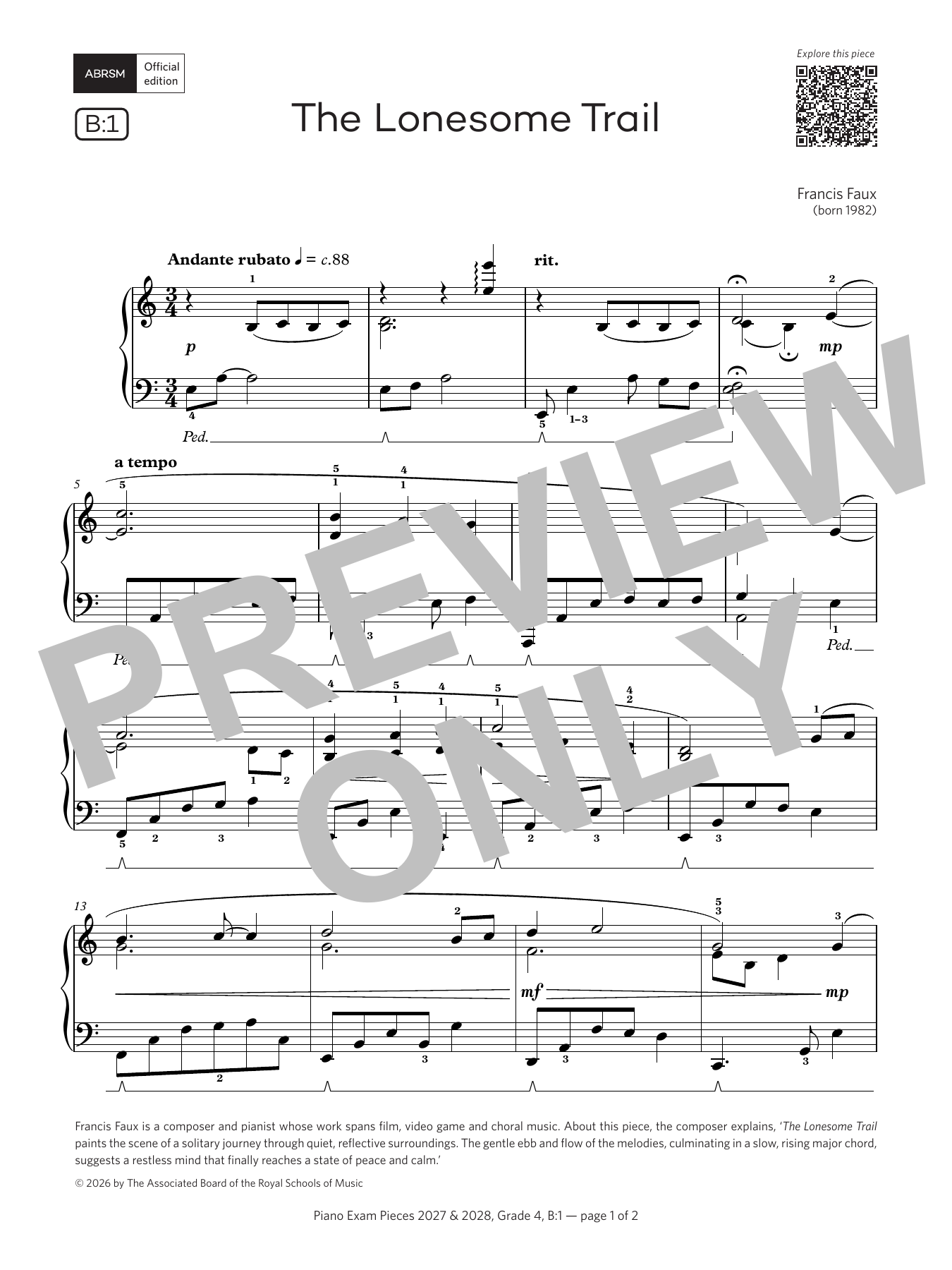Francis Faux The Lonesome Trail (Grade 4, list B1, from the ABRSM Piano Syllabus 2027 & 2028) Sheet Music Notes & Chords for Piano Solo - Download or Print PDF