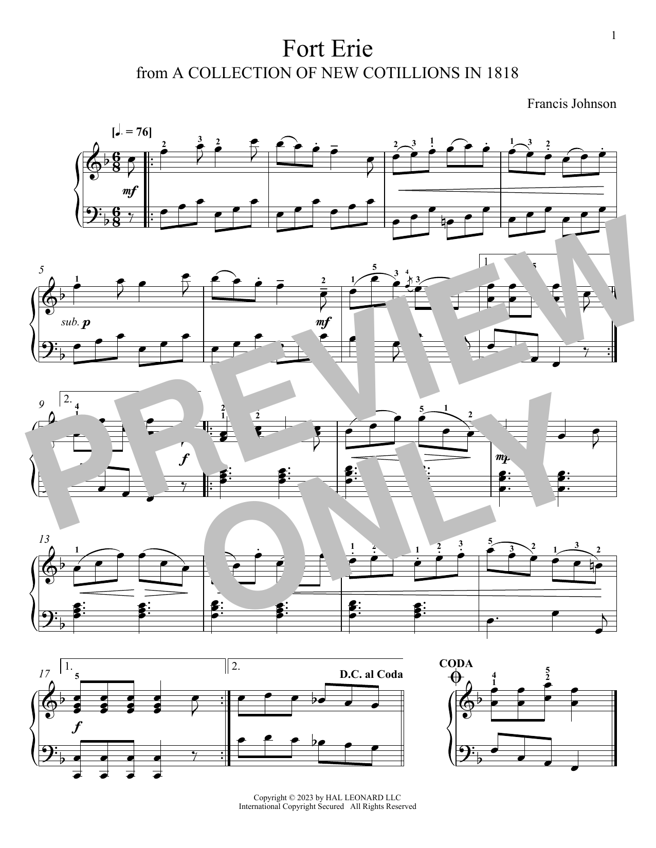 Francis Johnson Fort Erie Sheet Music Notes & Chords for Piano Solo - Download or Print PDF